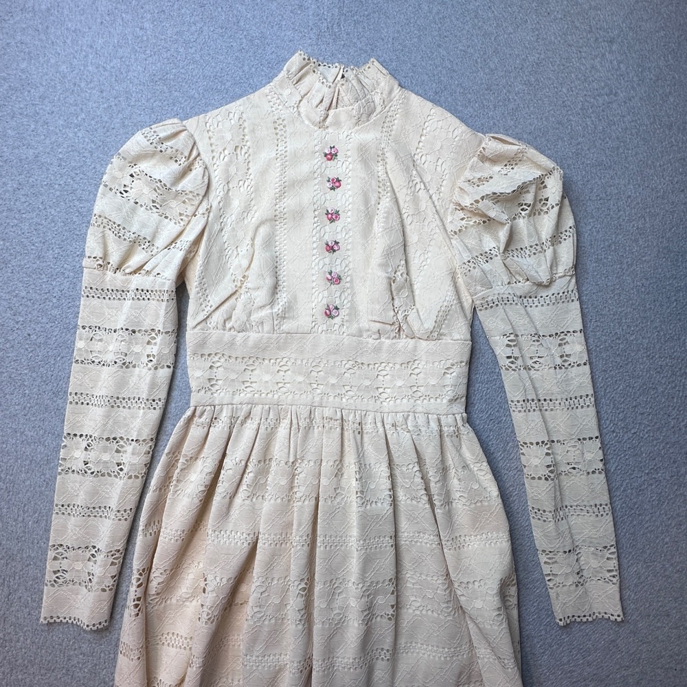 Vintage Lace Maxi Dress Women XS Cream Floral Embroidered Victorian High Neck - Picture 3 of 10
